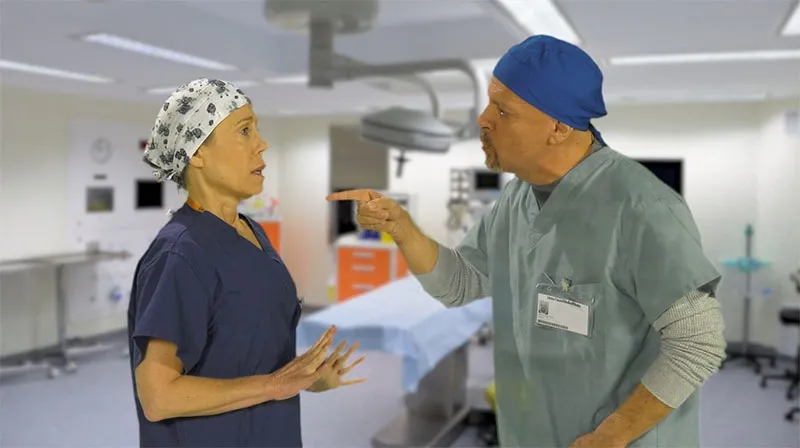 A healthcare worker responding to an escalating verbal confrontation