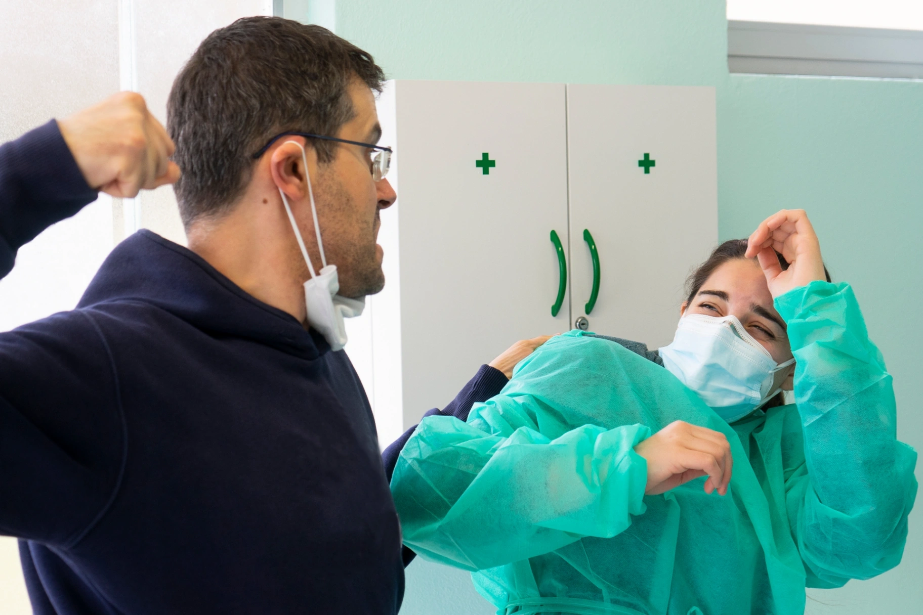 A healthcare workplace physical confrontation illustrating the need for intervention training