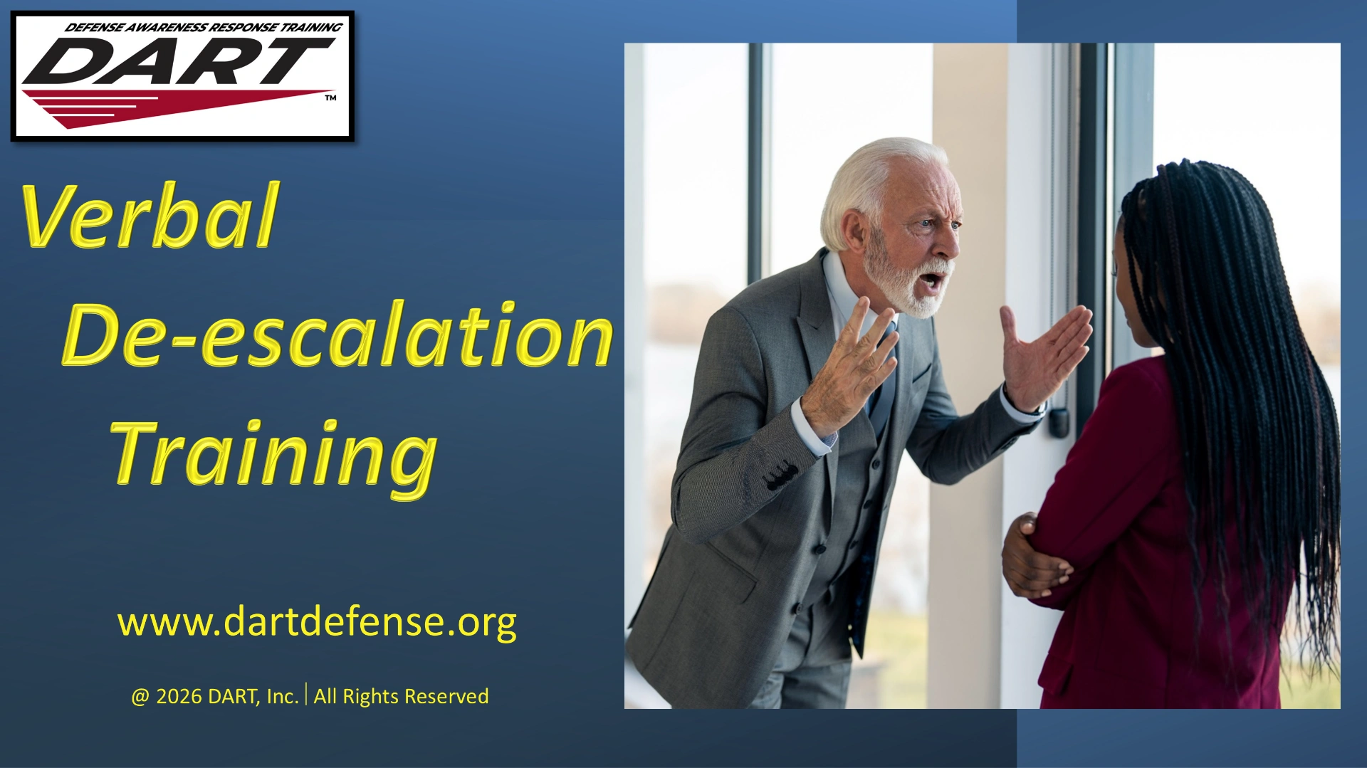 DART Verbal De-escalation Training course title and a workplace confrontation
